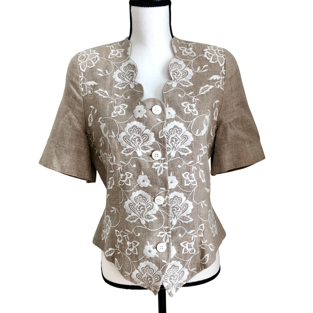 Vintage 90s Short Sleeve Linen Jacket Blouse w/ White Floral Detail Breeches 12‎